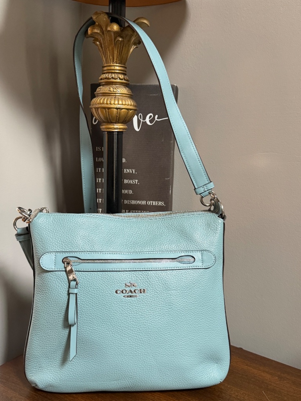 Coach Mae File Crossbody F34823 Cloud Blue Pebble Leather Silver Bag